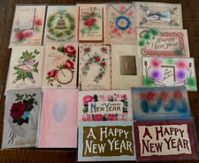 ~Lot of 17 Antique NEW YEAR'S~AIRBRUSHED~Velvet~1900's~Postcards-in sleeves~s403 picture