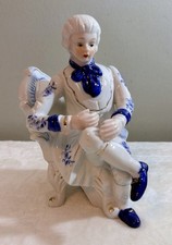 VTG Deville Colonial Blue & White Gentleman, Porcelain w/Gold Trim, 8” T,Taiwan. picture
