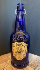 Vtg Cobalt Blue Glass Bottle Wire Bale Flip Top Olde Dragons Breath Wizards Ale picture
