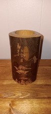Rare Antique Japanese Carved Wooden Brush Holder Japan Artist Pencil Vase picture