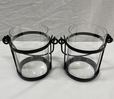 Pair Clear Glass Hurricane Candle Holders Black Metal Wire Handles Lanterns picture