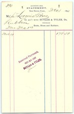 1890 New Haven CT Wholesale Footwear Billhead Butler & Tyler picture