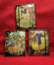 3 Vintage Silhouettes Reverse Painted Bubble Convex Glass Picture 4