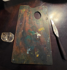 1800's Artist Set, Wood Pallet Oval Thumb, Pallet Knife F.W.& Co.Heavy Glass... picture