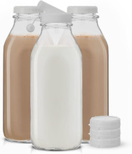 Glass Milk Bottles with Lids and Pourer – 32 Oz, 3 Pack Airtight Heavy picture