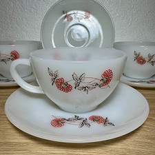 Fire King Fleurette White Milk Glass Floral Printed Cup & Saucer Set picture