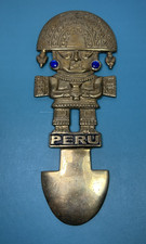 Vtg Brass Peruvian Inca Tumi Ceremonial Hanging Wall Art w/Blue Rhinestones picture