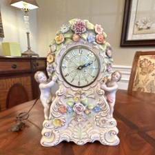 Lenwile Ardalt Hand Painted Ceramic Floral Cherub Mantel Clock Occupied Japan picture