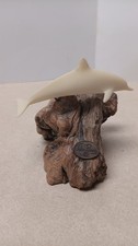 Vintage John Perry Pellucida White Dolphin Sculpture on Natural Burl Wood Base picture