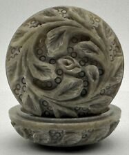 Vintage Carved Soapstone Round Pill Box Jewelry Trinket Floral Design picture