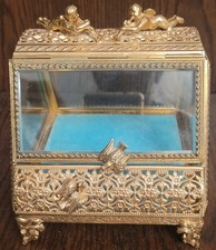 Vintage Ormolu Trinket Box w/ Cherubs and Birds and Beveled Glass picture