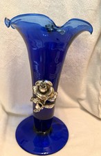 VINTAGE COBALT BLUE ART VASE WITH STERLING SILVER FLOWERS VASE picture