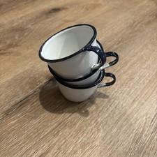 3 PC VINTAGE BLACK AND WHITE ENAMELWARE  3 Cups. VGC  3 75” W Handles picture