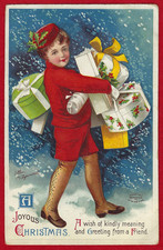 Vtg Clapsaddle Christmas Delivery Boy Presents Red Cap Snow A/S PC Emb c1909 EUC picture
