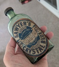 Vintage Sawyers Crystal Blue Bottle Boston Massachusetts Green Glass Label picture