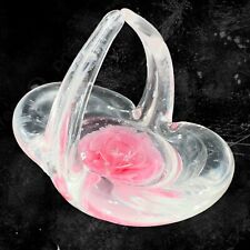 Hand Blown Art Glass Basket Pink Flower Small Bubbles Clear Edges Paperweight picture