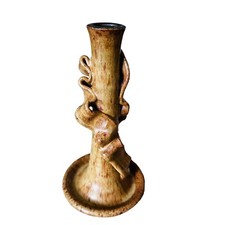 vtg pottery handmade candle holder browns MCM 8