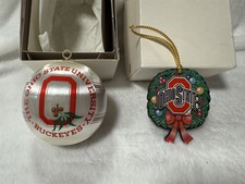 LOT OF 2 OHIO STATE UNIVERSITY BUCKEYES CHRISTMAS ORNAMENTS SATIN BALL & WREATH picture