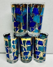 Vintage Georges Briard Highball Glass GOLD & BLUE Mosaic 1960’s 22K 1960's MCM picture