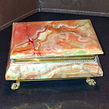 VTG ONYX ORANGE,GREN,BROWN MARBLE HINGED TRINKET BOX 4.75
