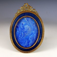 Antique Bronze French Oval Bow Top Photo Frame w Blue Surround, Easel Glass picture