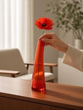 Vintage Red Art Glass Bud Vase Modernist Curved Slanted Sculptural Decor picture