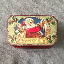 Vintage Style Santa Christmas Tin A Joyous Christmas Holiday Storage Box picture
