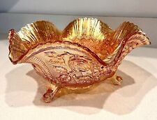 Carnival Glass 3 Footed Marigold 11-1/4 Inch Open Rose Serving Bowl picture