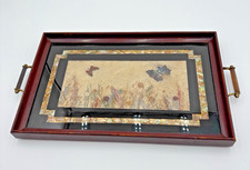 Vintage 1950s Butterflies And Flora Wing Wood Frame Tray picture