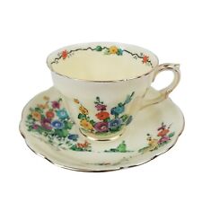 Vintage Crown Staffordshire Hollyhock Cup and Saucer Bone China Hand painted picture