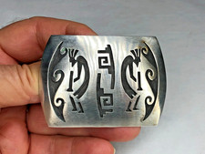 BEAUTIFUL VINTAGE STERLING SILVER HOPI OVERLAY BELT BUCKLE WITH KOKOPELI FIGURES picture