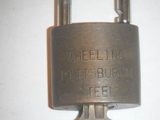 WHEELING PITTSBURGH STEEL Brass Pad Lock with Key works picture