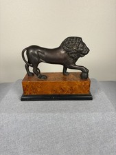 Vintage Bronze Lion Statue Sculpture Figurine on Burl Wood Base picture