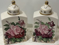Vintage Ovington New York Hand Painted Rose Porcelain Tea Caddies Gold Gilt Pair picture
