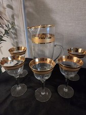 Vtg Riekes Crisa RIE10 Gold Band Cocktail Pitcher & 5 Coupe Glasses Set 6pc Read picture