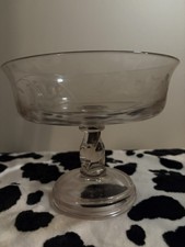 Vintage  Glass Pedestal Compote Bowl Etched Floral Centerpiece 7” picture