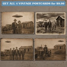 4-Pack POSTCARD Alien UFO Flying Saucer Rural Family Paranormal Strange Humor picture
