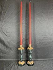  Vintage Neoclassical Verdigris & Gold Acanthus Candlesticks - Pair (11.5