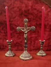Vintage Gothic Altar Cross w/ Candlesticks Silverplate picture