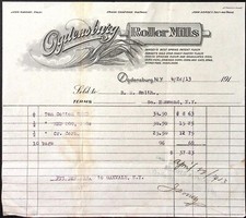 1913 Ogdensburg Roller Mills Ogdensburg NY Billhead 7.25