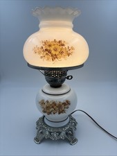 Vintage Rick Bar Sales Milk Glass Yellow Floral Hurricane 3 Way Light Table Lamp picture