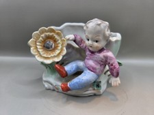 Vintage Ceramic Bisque Vase Planter Little Boy Daisy Lettuce Leaves Garden picture