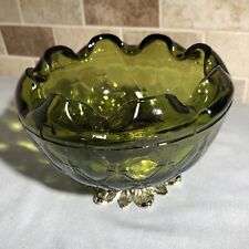 VINTAGE GREEN QUILTED DIAMOND ASHTRAY DISH COMPOTE METAL BASE MCM picture