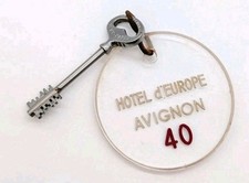 Vintage Hotel d'Europe Key Avignon France Metal Skeleton Key & Clear Circle Fob  picture