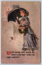 Victorian Lady In Rain w/Umbrella~Packages~Young Man Poem~c1910 Vintage Postcard picture
