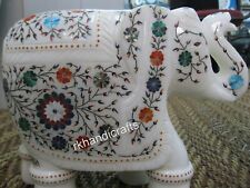 10 Inches Multicolor Stone Inlay Work Elephant Statue Marble Up Trunk Elephant picture