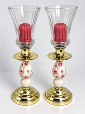 Vintage Home Interiors & Gifts Hurricane Candle Holders Pink Roses Brass Pair picture