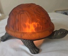 Vintage 1998 Heavy Cast Metal Turtle Accent Lamp Amber Tortoiseshell Glass Glow  picture