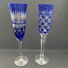 BOHEMIAN COBALT BLUE CRYSTAL CUT TO CLEAR CHAMPAGNE FLUTES HAND CUT- SET OF 2 picture