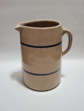 Vintage Large Glazed Pottery Pitcher, Beige Blue Stripes, Primitive Decorative picture
